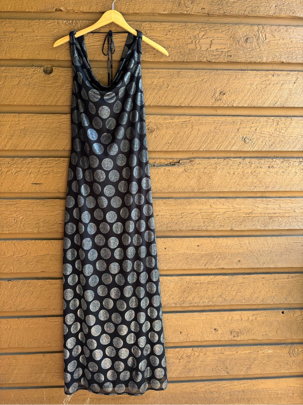 Black Maxi Swoop Back Dress with Metallic Silver Polka Dots